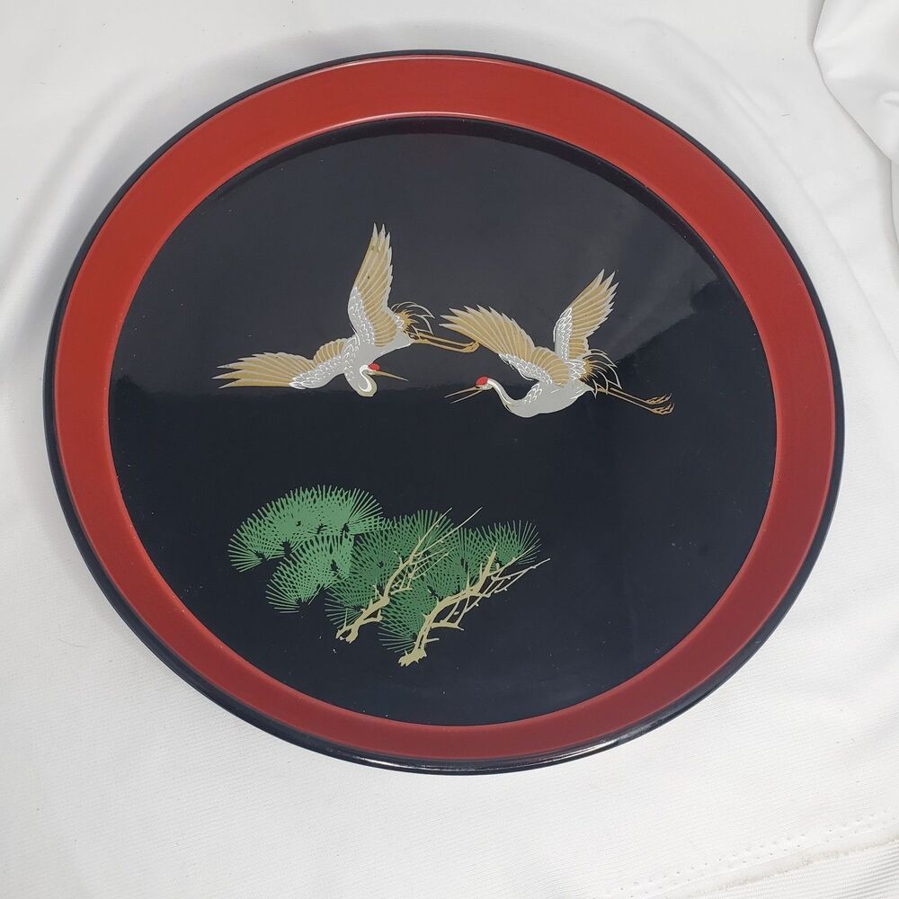 Asain Black Tray with Storks and Red Accents 13" Diameter